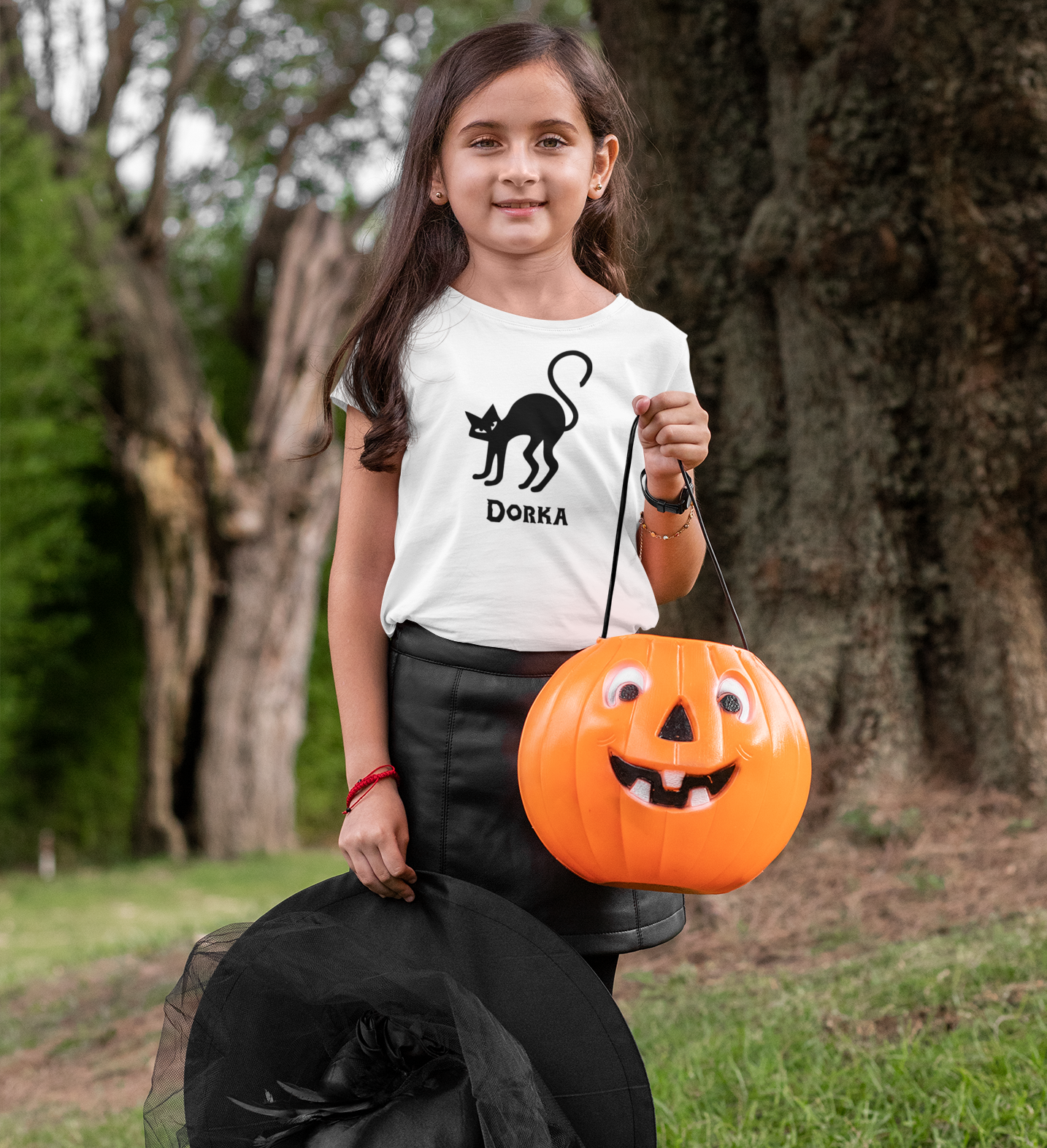 Halloweeni fekete cicás gyerek póló (saját névvel)